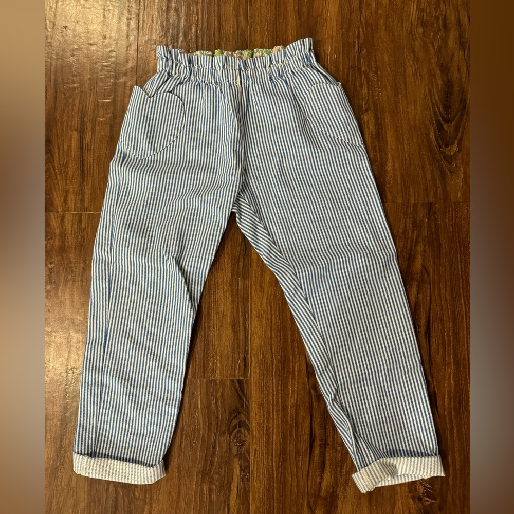 Mini Boden size 9 indigo/white striped girls paper bag jeans w/heart pockets
